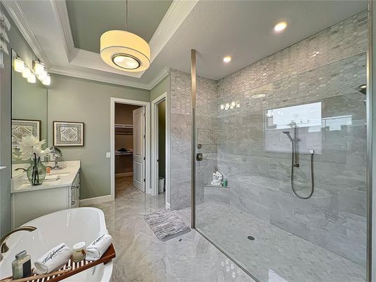 Bathroom, Glass Shower, Interior, Marble, Marble Walls, Recessed Lighting
