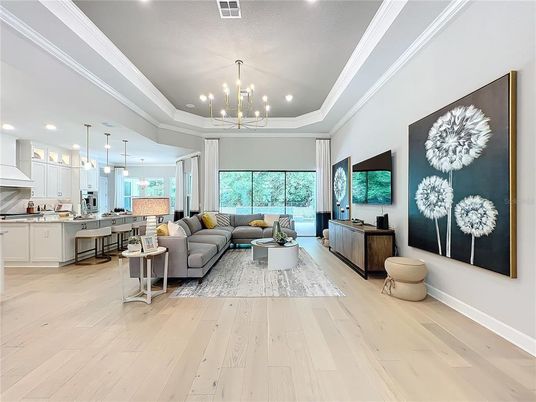 Chandelier, Interior, Kitchen, Living room, Pendant Lights, Recessed Lighting, Wood Texture Flooring