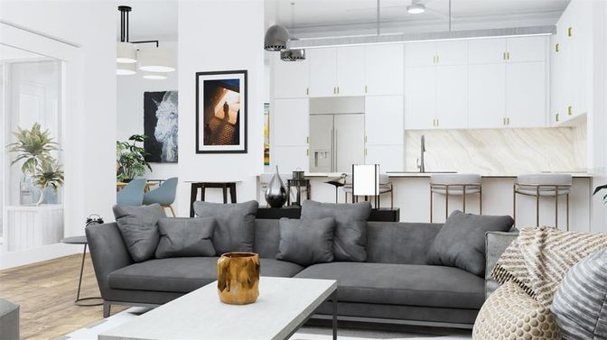 Interior, Kitchen, Living room, Pendant Lights, Wood Texture Flooring