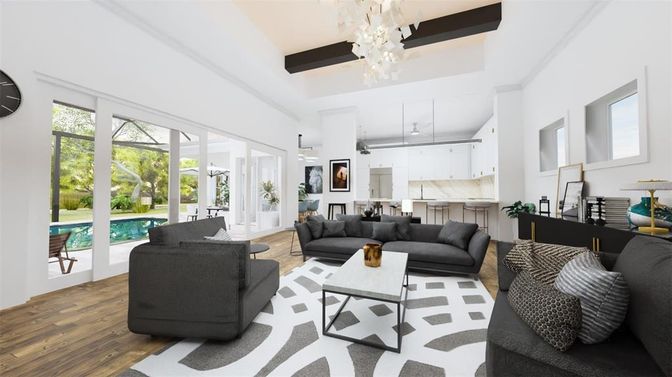 Chandelier, Interior, Kitchen, Living room, Pendant Lights, Wooden Beams, Wood Texture Flooring