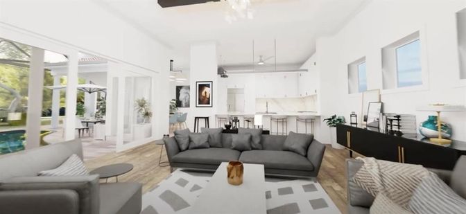Dining room, Interior, Kitchen, Living room, Marble Walls, Pendant Lights, Wood Texture Flooring