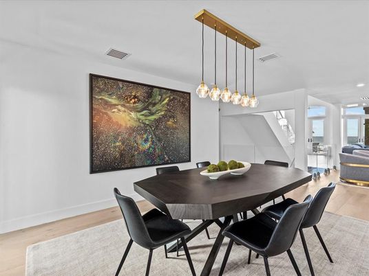 Dining room, Interior, Pendant Lights, Recessed Lighting, Wood Texture Flooring