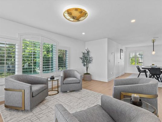 Dining room, Interior, Living room, Pendant Lights, Recessed Lighting, Wood Texture Flooring
