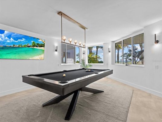Billiard Table, Game Room, Interior, Pendant Lights, Wood Texture Flooring