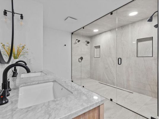 Bathroom, Glass Shower, Interior, Marble Walls, Recessed Lighting