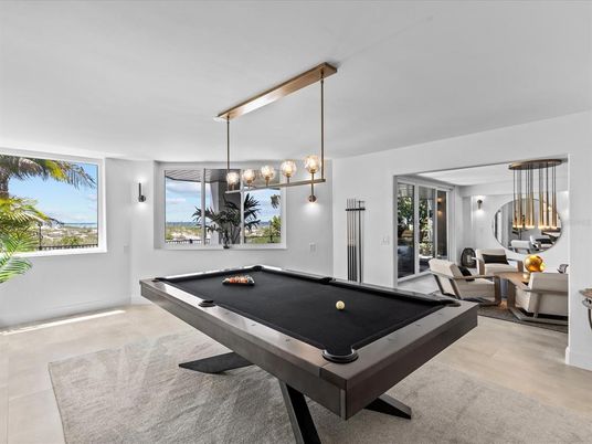 Billiard Table, Game Room, Interior, Pendant Lights, Wood Texture Flooring