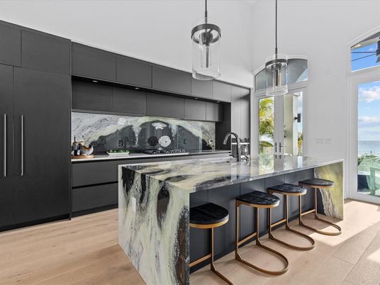 Interior, Kitchen, Pendant Lights, Water, Wood Texture Flooring