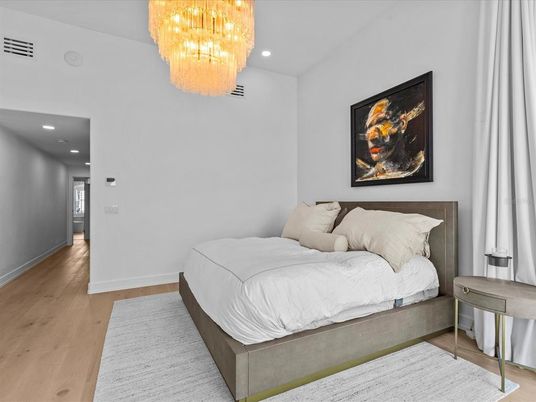 Bedroom, Chandelier, Interior, Recessed Lighting, Wood Texture Flooring