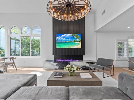 Chandelier, Interior, Living room, Recessed Lighting, Wood Texture Flooring