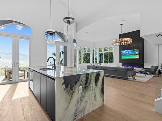 Chandelier, Interior, Kitchen, Living room, Pendant Lights, Recessed Lighting, Wood Texture Flooring