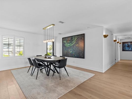 Dining room, Interior, Pendant Lights, Wood Texture Flooring