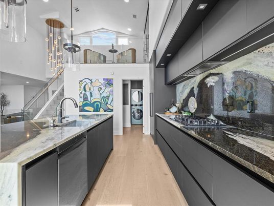 Interior, Kitchen, Pendant Lights, Recessed Lighting, Washer, Wood Texture Flooring