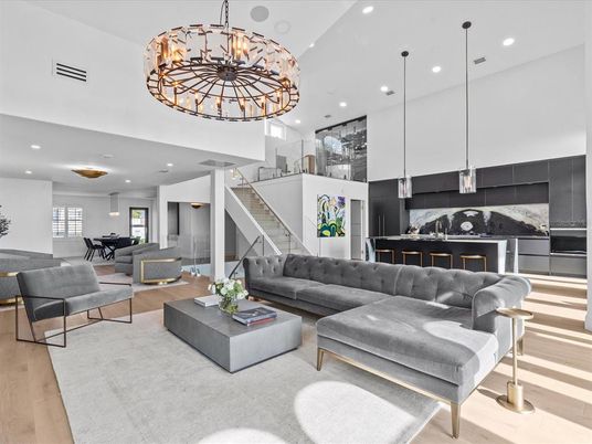 Chandelier, Interior, Kitchen, Living room, Pendant Lights, Recessed Lighting, Wood Texture Flooring