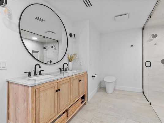 Bathroom, Dual Sink Vanities, Glass Shower, Interior, Recessed Lighting