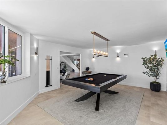 Billiard Table, Game Room, Interior, Pendant Lights, Wood Texture Flooring