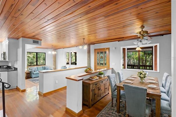 Dining room, Interior, Living room, Pendant Lights, Wooden Ceilings, Wood Texture Flooring