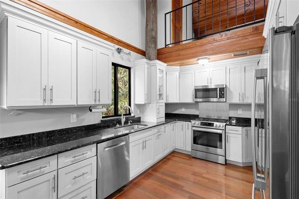 Interior, Kitchen, Stainless Steel Appliances, Wooden Beams, Wood Texture Flooring