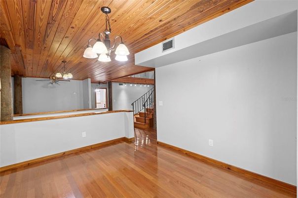 Chandelier, Empty room, Interior, Wooden Ceilings, Wood Texture Flooring