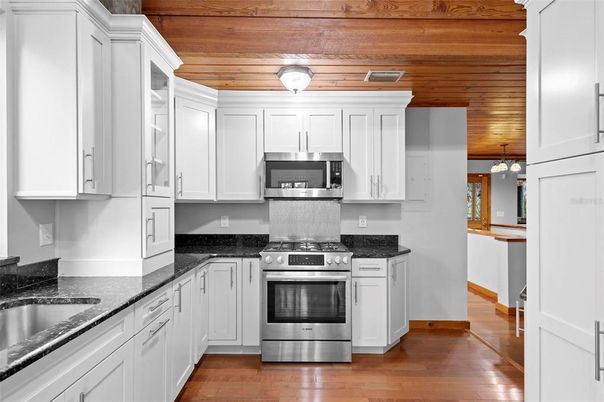 Chandelier, Interior, Kitchen, Stainless Steel Appliances, Wooden Ceilings, Wood Texture Flooring
