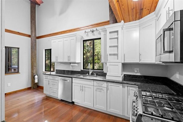 Interior, Kitchen, Stainless Steel Appliances, Wooden Ceilings, Wood Texture Flooring