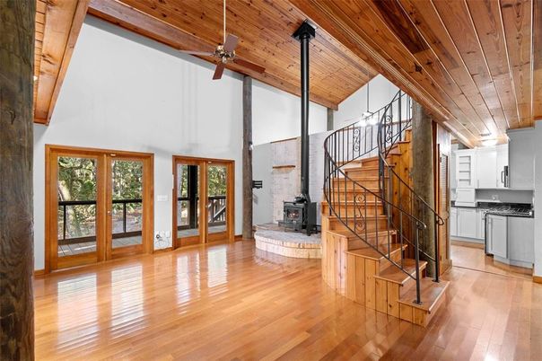 Fireplace, Interior, Kitchen, Pendant Lights, Wooden Beams, Wooden Ceilings, Wood Texture Flooring