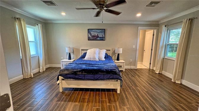 Bedroom, Interior, Recessed Lighting, Wood Texture Flooring