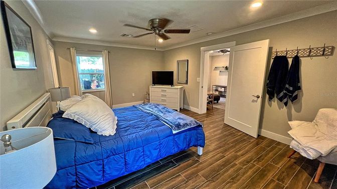 Bedroom, Interior, Recessed Lighting, Wood Texture Flooring