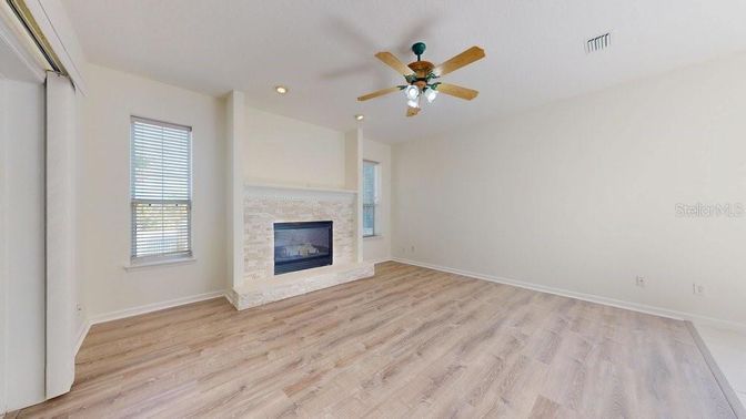 Empty room, Fireplace, Interior, Recessed Lighting, Wood Texture Flooring