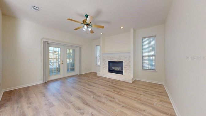 Empty room, Fireplace, Interior, Recessed Lighting, Wood Texture Flooring