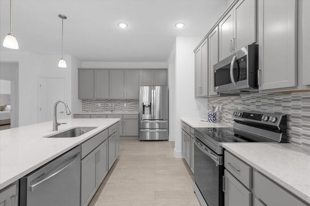 Interior, Kitchen, Pendant Lights, Recessed Lighting, Stainless Steel Appliances, Wood Texture Flooring