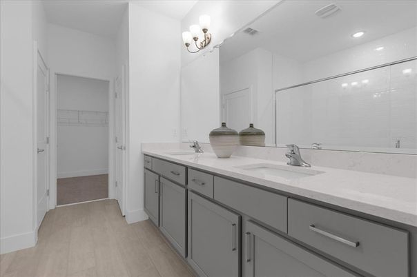 Bathroom, Dual Sink Vanities, Interior, Recessed Lighting, Wood Texture Flooring
