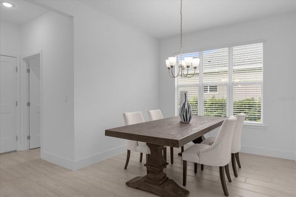 Chandelier, Dining room, Interior, Recessed Lighting, Wood Texture Flooring