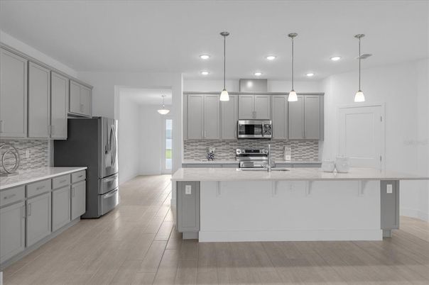 Interior, Kitchen, Pendant Lights, Recessed Lighting, Stainless Steel Appliances, Wood Texture Flooring