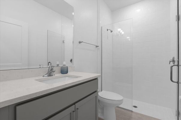 Bathroom, Glass Shower, Interior, Wood Texture Flooring