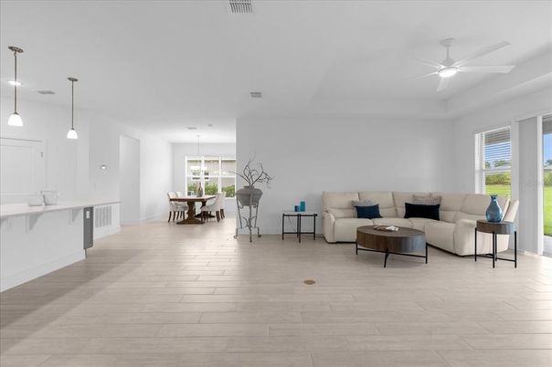 Dining room, Interior, Living room, Pendant Lights, Wood Texture Flooring
