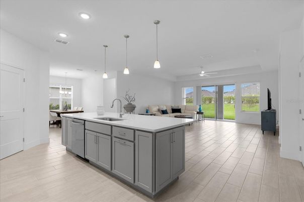Dining room, Interior, Kitchen, Pendant Lights, Recessed Lighting, Wood Texture Flooring