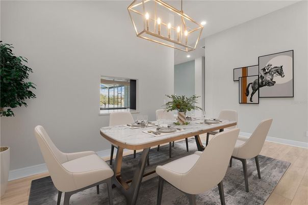 Dining room, Interior, Pendant Lights, Recessed Lighting, Wood Texture Flooring