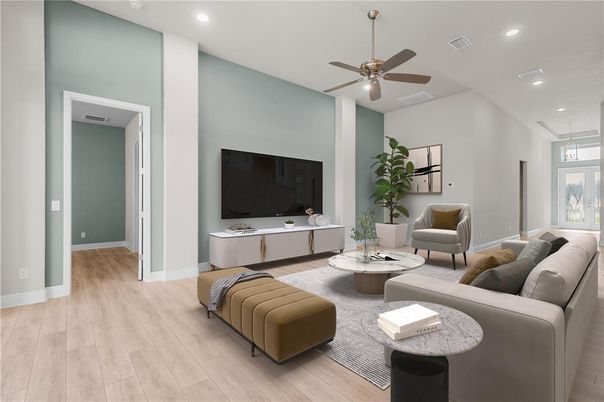 Interior, Living room, Recessed Lighting, Wood Texture Flooring