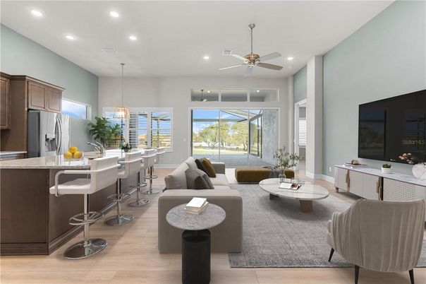 Dining room, Interior, Kitchen, Living room, Pendant Lights, Recessed Lighting, Stainless Steel Appliances, Wood Texture Flooring