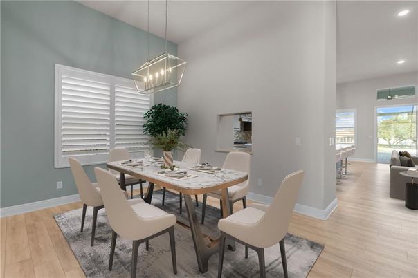 Dining room, Interior, Pendant Lights, Recessed Lighting, Wood Texture Flooring
