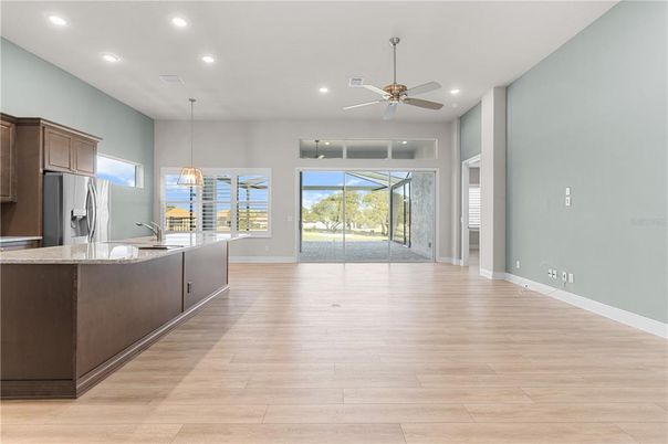 Empty room, Interior, Kitchen, Pendant Lights, Recessed Lighting, Wood Texture Flooring