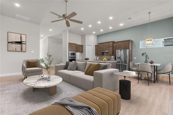 Dining room, Interior, Kitchen, Living room, Pendant Lights, Recessed Lighting, Stainless Steel Appliances, Wood Texture Flooring