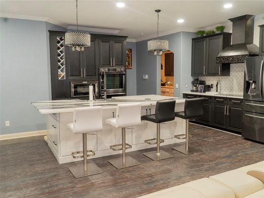 Interior, Kitchen, Pendant Lights, Recessed Lighting, Stainless Steel Appliances, Wood Texture Flooring