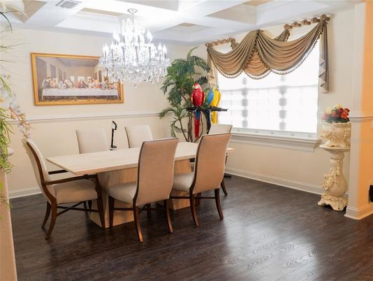 Chandelier, Dining room, Interior, Wood Texture Flooring