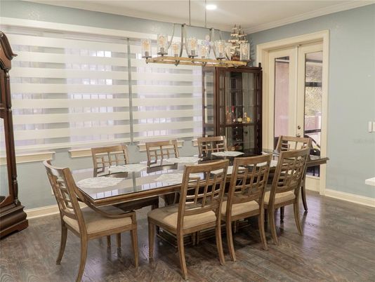 Dining room, Interior, Pendant Lights, Recessed Lighting, Wood Texture Flooring