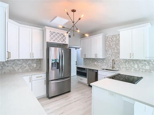 Interior, Kitchen, Pendant Lights, Stainless Steel Appliances, Wood Texture Flooring