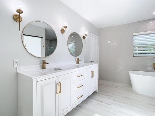 Bathroom, Dual Sink Vanities, Free Standing Baths, Interior, Wood Texture Flooring