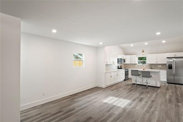 Interior, Kitchen, Pendant Lights, Recessed Lighting, Stainless Steel Appliances, Wood Texture Flooring