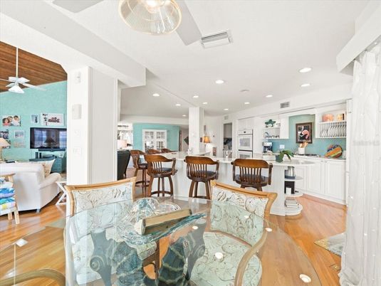 Dining room, Interior, Kitchen, Living room, Recessed Lighting, Wood Texture Flooring