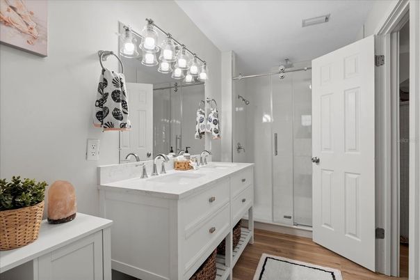 Bathroom, Glass Shower, Interior, Wood Texture Flooring